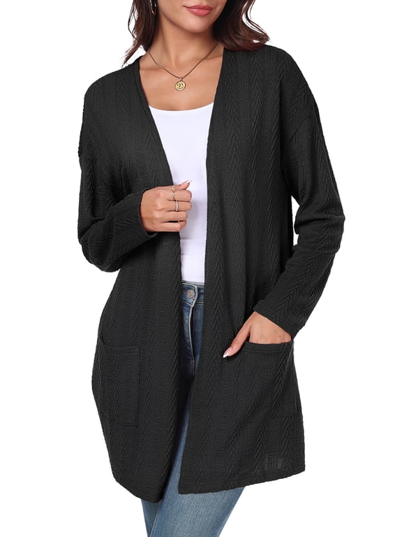 Black Cardigan For Women Casual Lightweight Long Sleeve Open Front Cardigan for Women with Pockets L