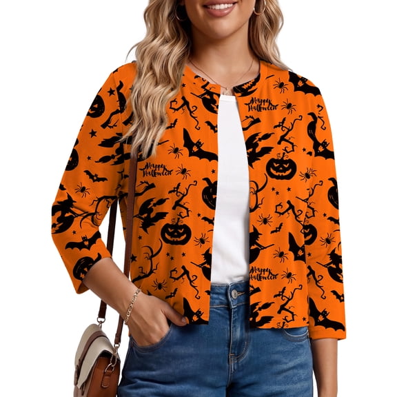 Gleelist Women's Plus Size Halloween Cropped Cardigan Bolero Shrug Sweater 3/4 Sleeve Open Front Knit Lightweight Shrug for Dresses 1X-5X