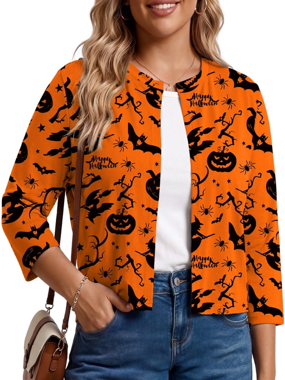 Women's Plus Size Halloween Cropped Cardigan Bolero Shrug Sweater 3/4 Sleeve Open Front Knit Lightweight Shrug for Dresses 1X-5X