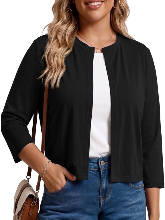 Women's Plus Size Cropped Cardigan Bolero Shrug Sweater 3/4 Sleeve Open Front Knit Lightweight Shrug for Dresses 1X-5X