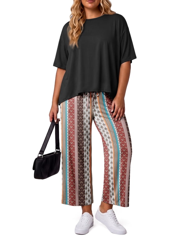 Two Piece Sets for Women Summer Outfits Lounge Sets Short Sleeve Tops Cropped Pants Comfy Pjs Sets(1X-5X)
