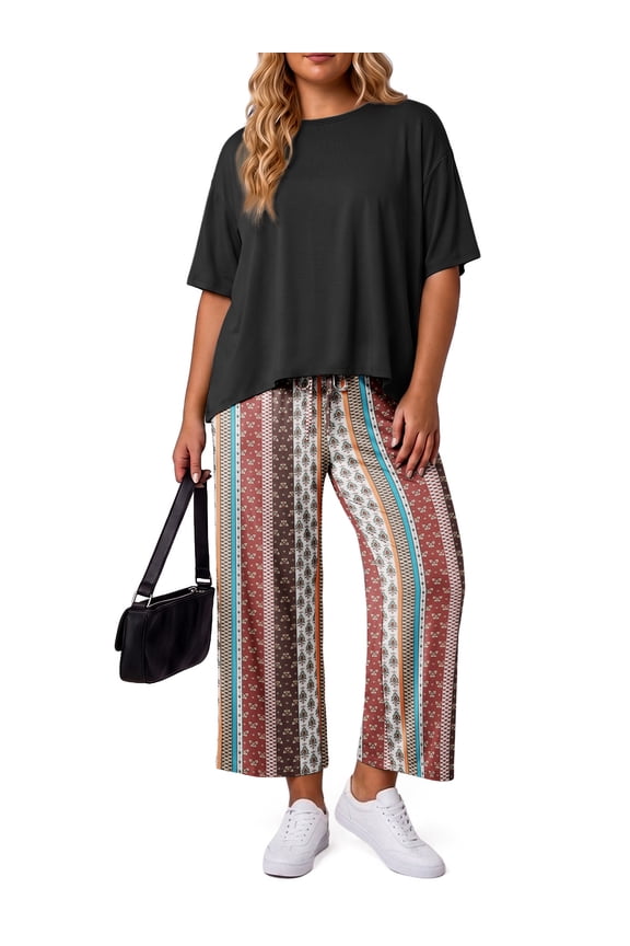 Two Piece Sets for Women Summer Outfits Lounge Sets Short Sleeve Tops Cropped Pants Comfy Pjs Sets(1X-5X)