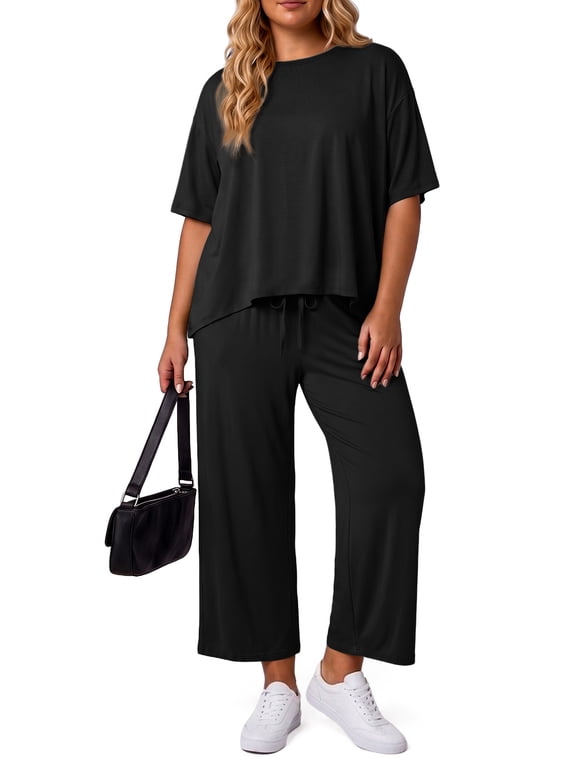 Two Piece Sets for Women Summer Outfits Lounge Sets Short Sleeve Tops Cropped Pants Comfy Pjs Sets(1X-5X)