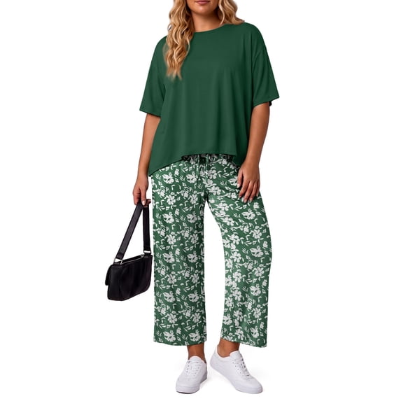 Gleelist Two Piece Sets for Women Summer Outfits Lounge Sets Short Sleeve Tops Cropped Pants Comfy Pjs Sets(1X-5X)