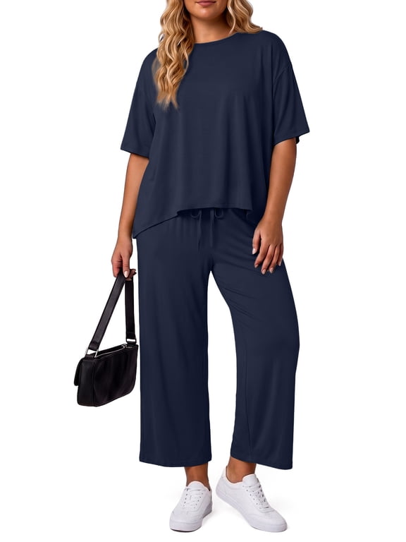Two Piece Sets for Women Summer Outfits Lounge Sets Short Sleeve Tops Cropped Pants Comfy Pjs Sets(1X-5X)