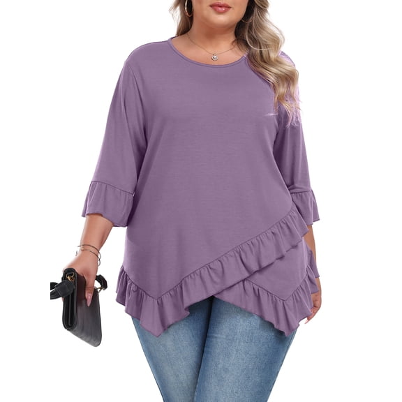 Gleelist Plus Size Tops For Womens Ruffled Hem Crew Neck T-Shirts Casual Flowy Blouses 3/4 Ruffle Sleeve XL-5XL