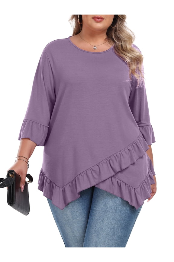 Plus Size Tops For Womens Ruffled Hem Crew Neck T-Shirts Casual Flowy Blouses 3/4 Ruffle Sleeve XL-5XL