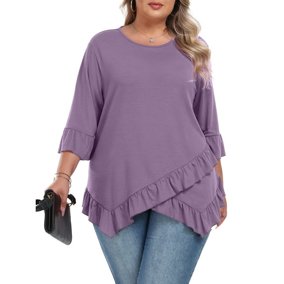 Gleelist Plus Size Tops For Womens Ruffled Hem Crew Neck T-Shirts Casual Flowy Blouses 3/4 Ruffle Sleeve XL-5XL