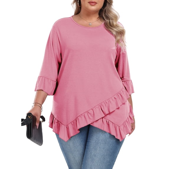 Gleelist Plus Size Tops For Womens Ruffled Hem Crew Neck T-Shirts Casual Flowy Blouses 3/4 Ruffle Sleeve XL-5XL