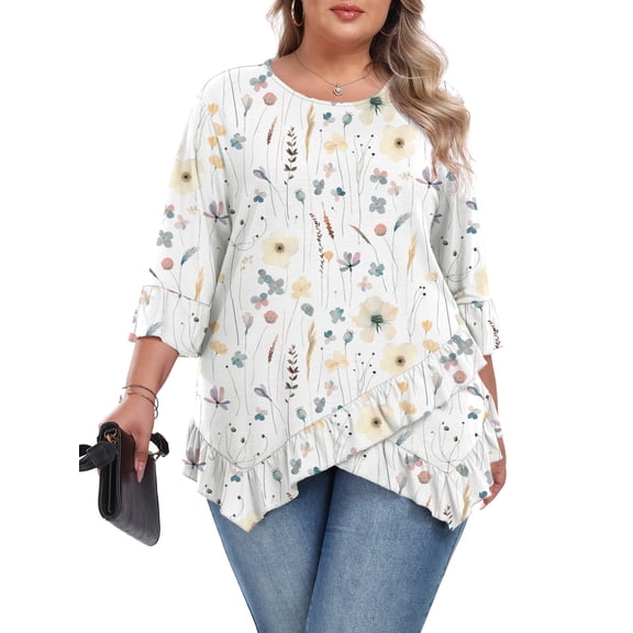Gleelist Plus Size Tops For Womens Ruffled Hem Crew Neck T-Shirts Casual Flowy Blouses 3/4 Ruffle Sleeve XL-5XL