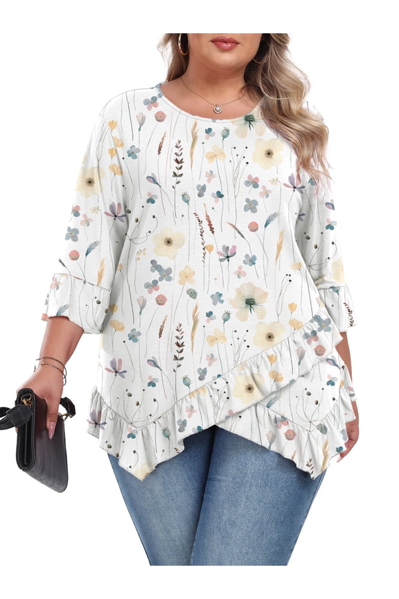 Plus Size Tops For Womens Ruffled Hem Crew Neck T-Shirts Casual Flowy Blouses 3/4 Ruffle Sleeve XL-5XL
