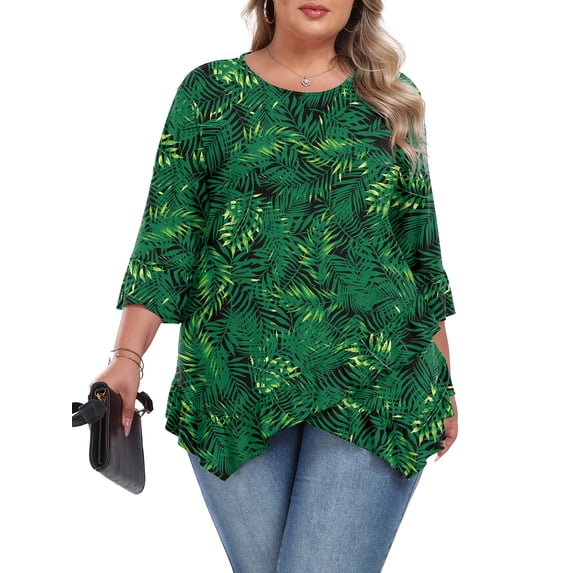 Gleelist Plus Size Tops For Womens Ruffled Hem Crew Neck T-Shirts Casual Flowy Blouses 3/4 Ruffle Sleeve XL-5XL