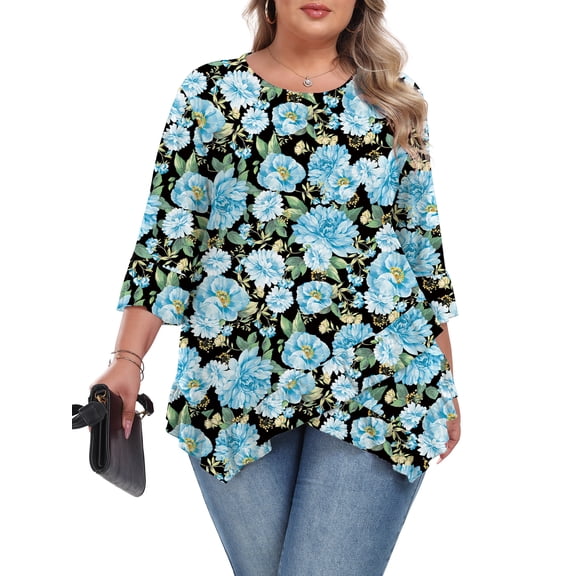 Gleelist Plus Size Tops For Womens Ruffled Hem Crew Neck T-Shirts Casual Flowy Blouses 3/4 Ruffle Sleeve XL-5XL