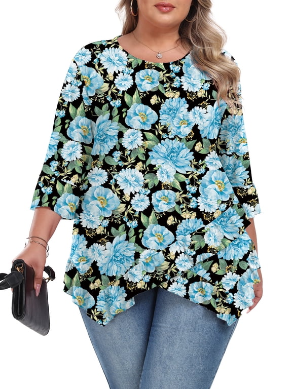 Plus Size Tops For Womens Ruffled Hem Crew Neck T-Shirts Casual Flowy Blouses 3/4 Ruffle Sleeve XL-5XL