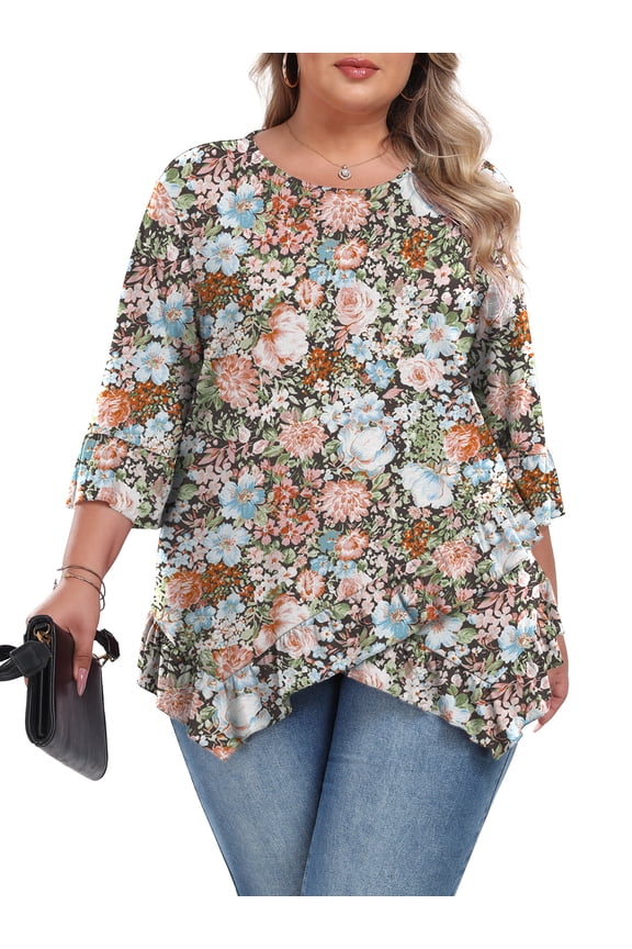 Plus Size Tops For Womens Ruffled Hem Crew Neck T-Shirts Casual Flowy Blouses 3/4 Ruffle Sleeve XL-5XL