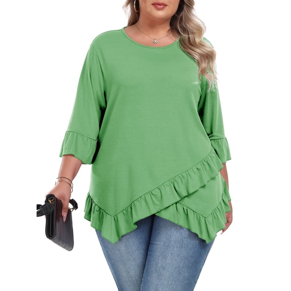 Gleelist Plus Size Tops For Womens Ruffled Hem Crew Neck T-Shirts Casual Flowy Blouses 3/4 Ruffle Sleeve XL-5XL