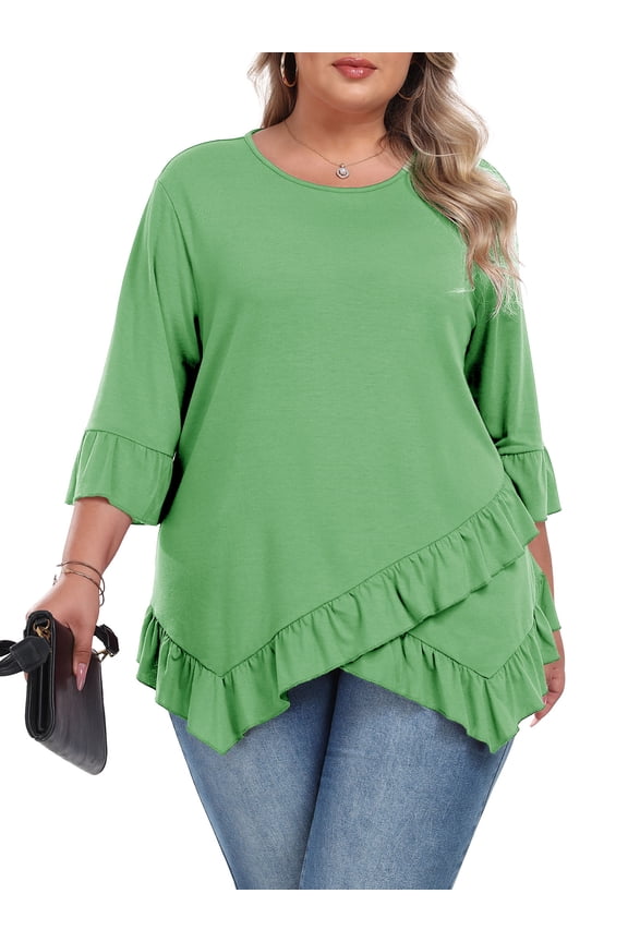 Plus Size Tops For Womens Ruffled Hem Crew Neck T-Shirts Casual Flowy Blouses 3/4 Ruffle Sleeve XL-5XL