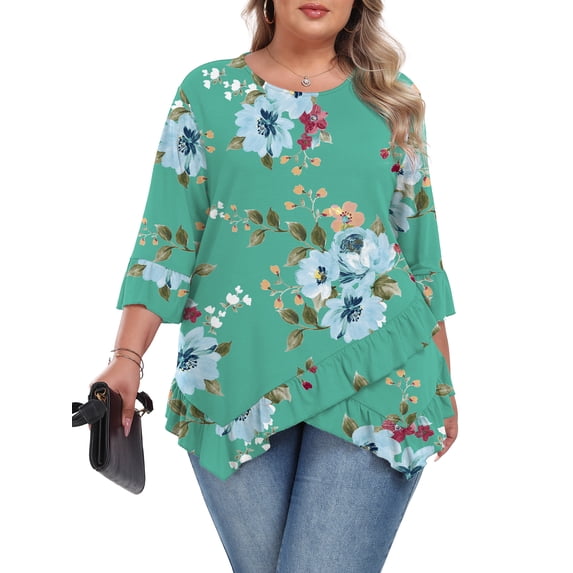 Gleelist Plus Size Tops For Womens Ruffled Hem Crew Neck T-Shirts Casual Flowy Blouses 3/4 Ruffle Sleeve XL-5XL