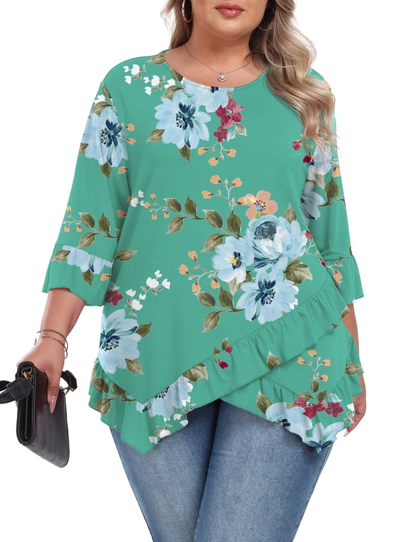 Plus Size Tops For Womens Ruffled Hem Crew Neck T-Shirts Casual Flowy Blouses 3/4 Ruffle Sleeve XL-5XL