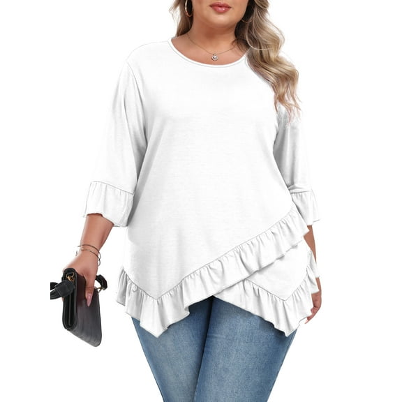 Gleelist Plus Size Tops For Womens Ruffled Hem Crew Neck T-Shirts Casual Flowy Blouses 3/4 Ruffle Sleeve XL-5XL