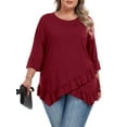 thumbnail image 1 of Gleelist Plus Size Tops For Womens Ruffled Hem Crew Neck T-Shirts Casual Flowy Blouses 3/4 Ruffle Sleeve XL-5XL, 1 of 9