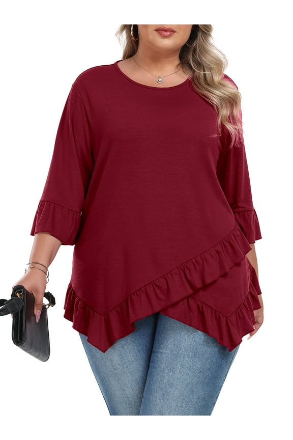 Plus Size Tops For Womens Ruffled Hem Crew Neck T-Shirts Casual Flowy Blouses 3/4 Ruffle Sleeve XL-5XL
