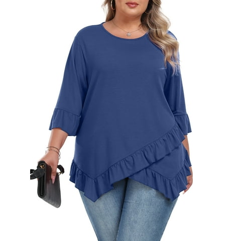 Plus Size Tops For Womens Ruffled Hem Crew Neck T-Shirts Casual Flowy Blouses 3/4 Ruffle Sleeve XL-5XL