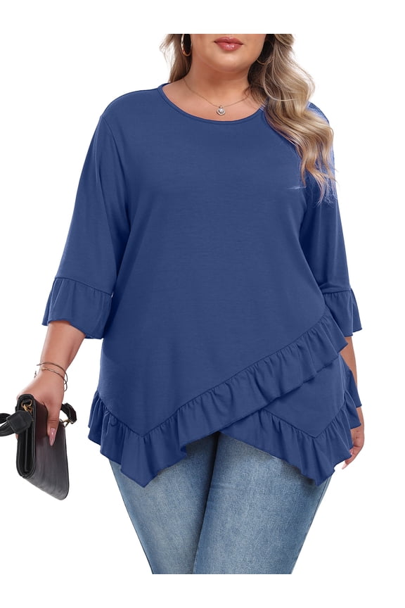 Plus Size Tops For Womens Ruffled Hem Crew Neck T-Shirts Casual Flowy Blouses 3/4 Ruffle Sleeve XL-5XL