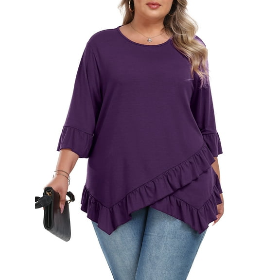 Gleelist Plus Size Tops For Womens Ruffled Hem Crew Neck T-Shirts Casual Flowy Blouses 3/4 Ruffle Sleeve XL-5XL
