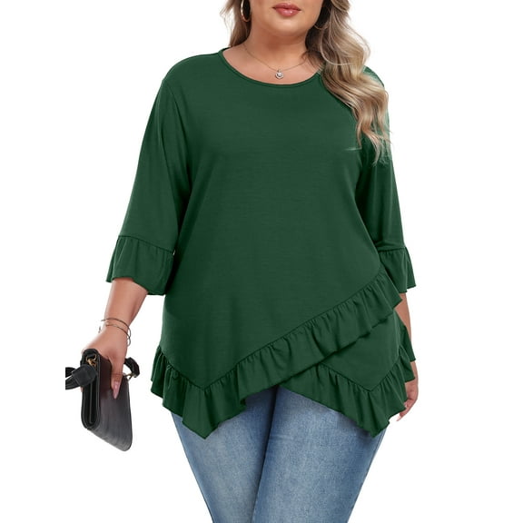 Gleelist Plus Size Tops For Womens Ruffled Hem Crew Neck T-Shirts Casual Flowy Blouses 3/4 Ruffle Sleeve XL-5XL
