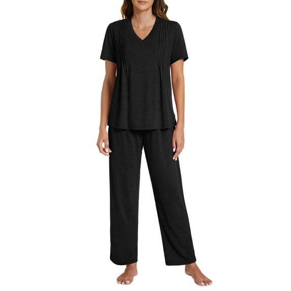 Gleelist Pajamas Sets For Women Comfy Short Sleeve V neck Basic Pleated Tops and Pants Pajama Set 2 Piece Lounge Pjs Summer Sleepwear S-XXL