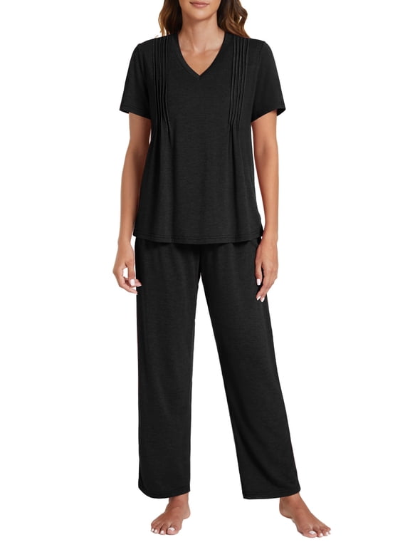 Pajamas Sets For Women Comfy Short Sleeve V neck Basic Pleated Tops and Pants Pajama Set 2 Piece Lounge Pjs Summer Sleepwear S-XXL