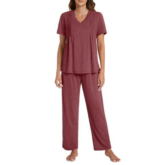 Gleelist Pajamas Sets For Women Comfy Short Sleeve V neck Basic Pleated Tops and Pants Pajama Set 2 Piece Lounge Pjs Summer Sleepwear S-XXL