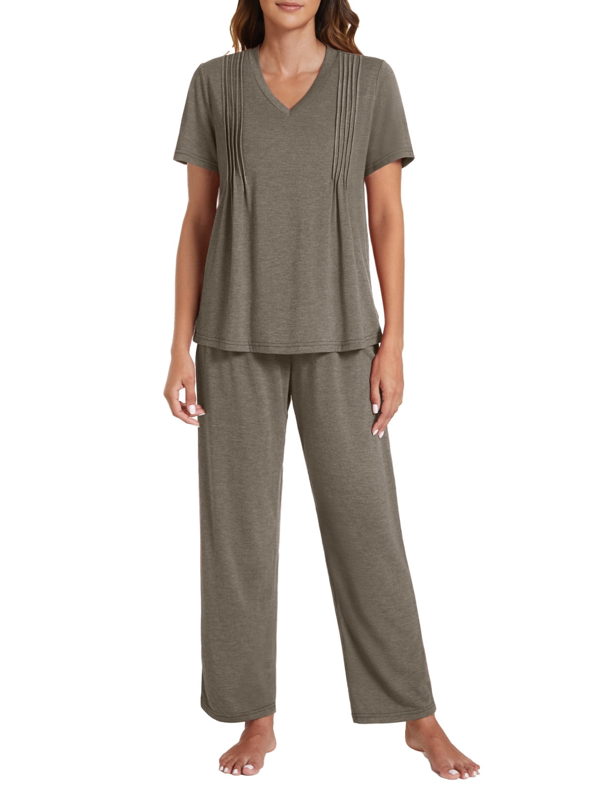 Gleelist Pajamas Sets For Women Comfy Short Sleeve V neck Basic Pleated ...