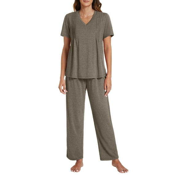 Gleelist Pajamas Sets For Women Comfy Short Sleeve V neck Basic Pleated Tops and Pants Pajama Set 2 Piece Lounge Pjs Summer Sleepwear S-XXL