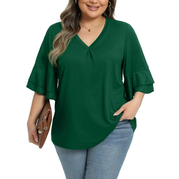 Gleelist Womens Plus Size Tops 3/4 Ruffle Layered Sleeve V Neck Pleated Tee Shirts Basic Loose Fit Soft Summer Tunic Blouse 1X-5X