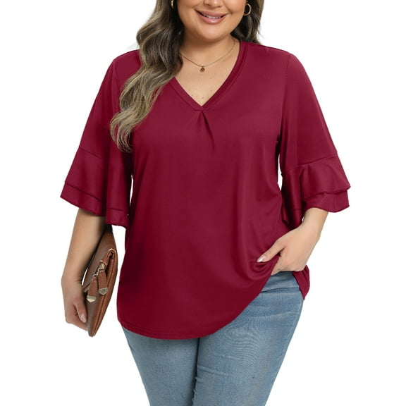 Gleelist Womens Plus Size Tops 3/4 Ruffle Layered Sleeve V Neck Pleated Tee Shirts Basic Loose Fit Soft Summer Tunic Blouse 1X-5X