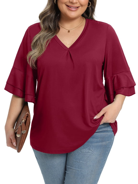 Womens Plus Size Tops 3/4 Ruffle Layered Sleeve V Neck Pleated Tee Shirts Basic Loose Fit Soft Summer Tunic Blouse 1X-5X