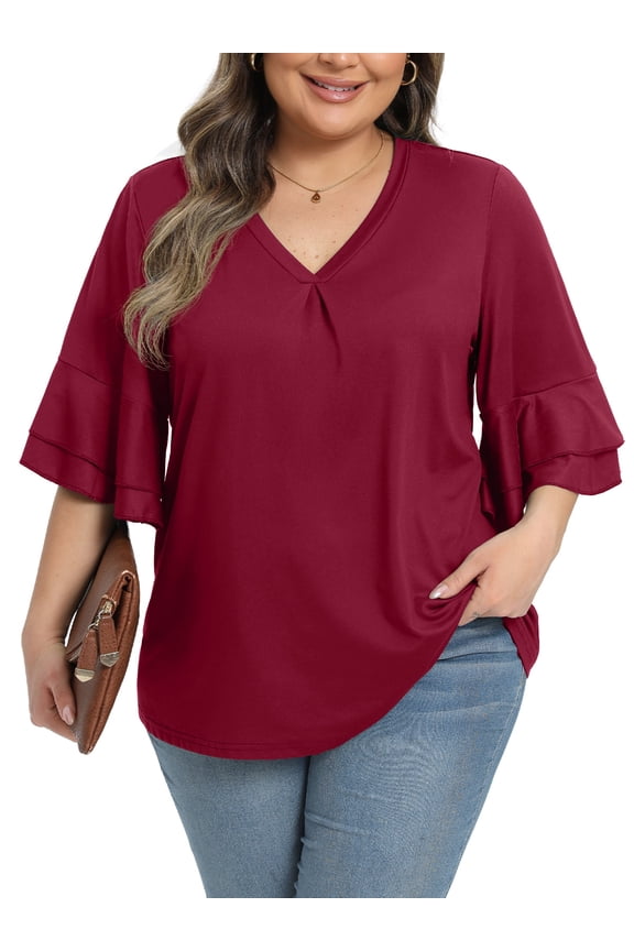 Womens Plus Size Tops 3/4 Ruffle Layered Sleeve V Neck Pleated Tee Shirts Basic Loose Fit Soft Summer Tunic Blouse 1X-5X