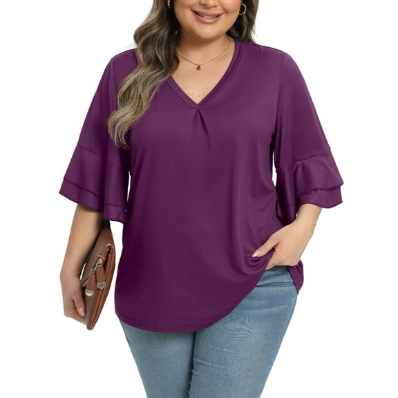 Gleelist Womens Plus Size Tops 3/4 Ruffle Layered Sleeve V Neck Pleated Tee Shirts Basic Loose Fit Soft Summer Tunic Blouse 1X-5X