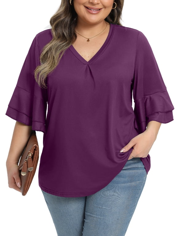 Womens Plus Size Tops 3/4 Ruffle Layered Sleeve V Neck Pleated Tee Shirts Basic Loose Fit Soft Summer Tunic Blouse 1X-5X