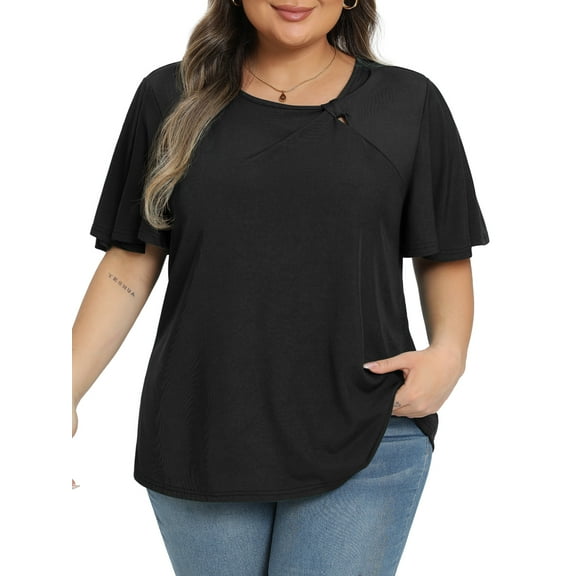 Gleelist Women's Plus Size Top Asymmetrical Knotted Neck T-Shirt Supersoft Essentials Tee Summer Short Sleeve Fashion Blouses(XL-5XL)