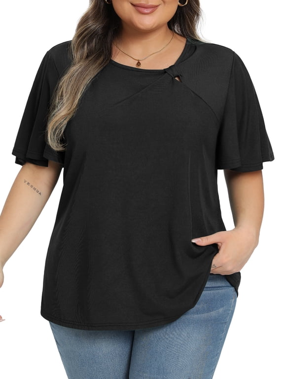 Women's Plus Size Top Asymmetrical Knotted Neck T-Shirt Supersoft Essentials Tee Summer Short Sleeve Fashion Blouses(XL-5XL)