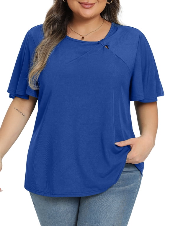 Women's Plus Size Top Asymmetrical Knotted Neck T-Shirt Supersoft Essentials Tee Summer Short Sleeve Fashion Blouses(XL-5XL)