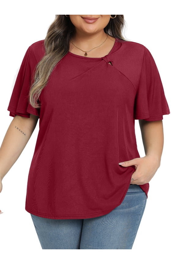 Women's Plus Size Top Asymmetrical Knotted Neck T-Shirt Supersoft Essentials Tee Summer Short Sleeve Fashion Blouses(XL-5XL)
