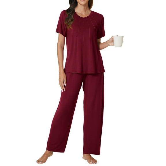 Gleelist Women 2 Piece Pajamas Sets Round Neck Splicing Design Short Sleeve Tops Elastic Waist Pants Sleepwear Loungewear