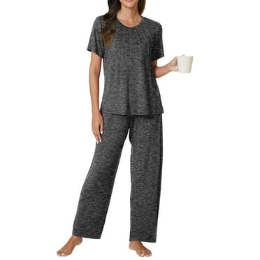 Gleelist Women 2 Piece Pajamas Sets Round Neck Splicing Design Short Sleeve Tops Elastic Waist Pants Sleepwear Loungewear