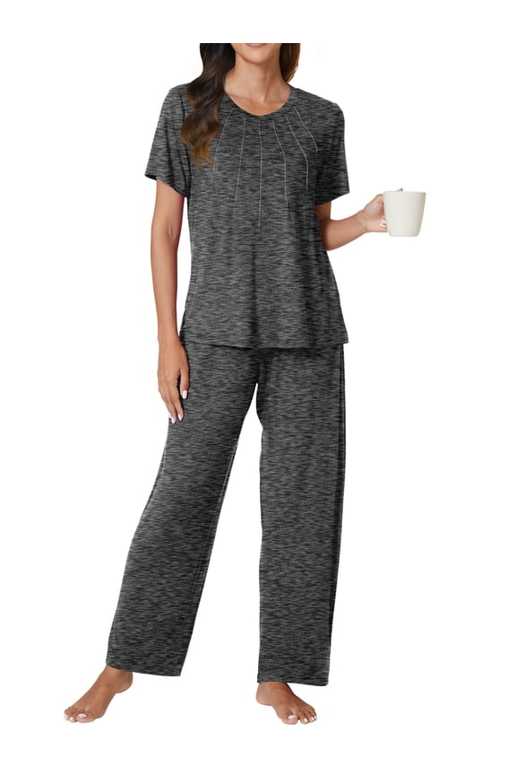 Women 2 Piece Pajamas Sets Round Neck Splicing Design Short Sleeve Tops Elastic Waist Pants Sleepwear Loungewear