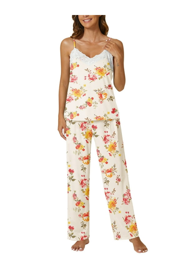 Women Pajamas Sets 2 Piece Cami Top Pants Set V Neck Pj Lace With Pockets Soft Sleepwear