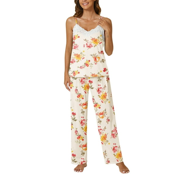 Gleelist Women Pajamas Sets 2 Piece Cami Top Pants Set V Neck Pj Lace With Pockets Soft Sleepwear